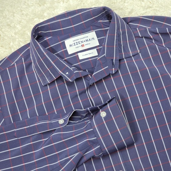 Mizzen Main Shirt Men XL Blue Check Leeward Button Up Trim Fit Stretch Office - Picture 1 of 12